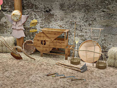Rustic Garden Decor Scene With Wooden Cart Wicker Baskets Straw Piles And Traditional Tools 3d model