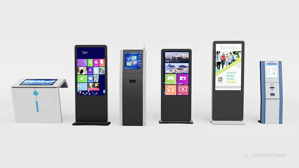 Multiple All in One Kiosks With Interactive Touch Screens And Colorful Information Displays 3d model