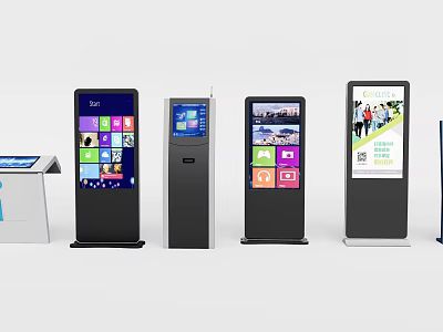 Multiple All in One Kiosks With Interactive Touch Screens And Colorful Information Displays 3d model