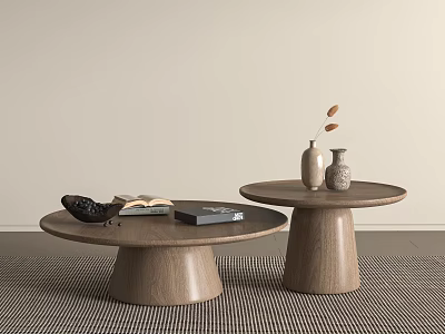 Two Round Wooden Coffee Tables With Books Vases And Falling Leaves On Striped Rug 3d model