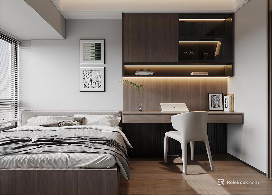 Modern Tatami Bedroom Interior Design With Tatami Bed Wooden Desk Laptop And Decorative Paintings 3d model 
