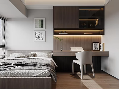 Modern Tatami Bedroom Interior Design With Tatami Bed Wooden Desk Laptop And Decorative Paintings 3d model