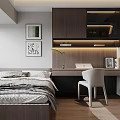 Modern Tatami Bedroom Interior Design With Tatami Bed Wooden Desk Laptop And Decorative Paintings