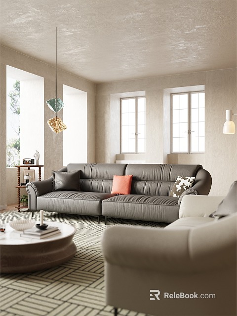 Modern Gray Leather Sectional Sofa Set With Orange And Patterned Pillows In Bright Living Room 3d model 