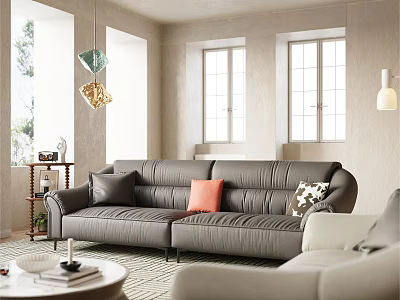 Modern Gray Leather Sectional Sofa Set With Orange And Patterned Pillows In Bright Living Room 3d model