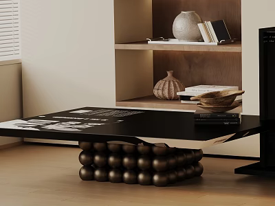 Modern Black Coffee Table With Spherical Base And Decorative Books On Wooden Shelf 3d model