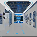Modern Tech Exhibition Hall With Large Data Screen Display Platform Blue Lighting And Circular Ceiling 3d model