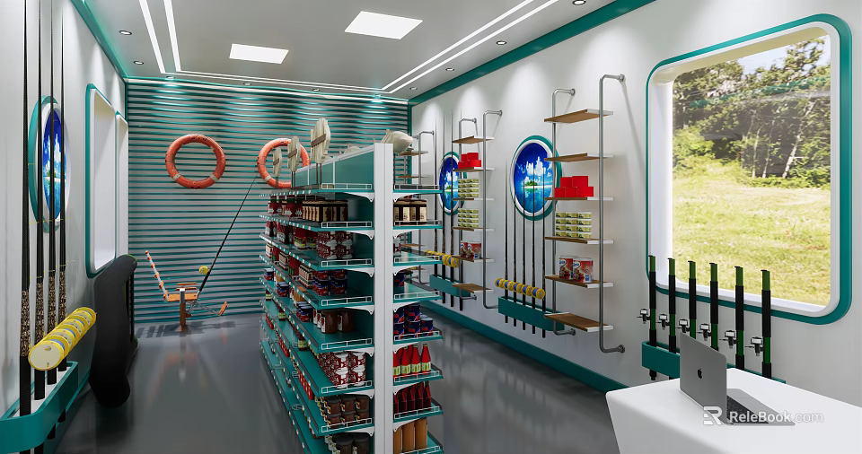 Green And White Specialty Store With Shelves Products Lifebuoy Decor And Window View 3d model 