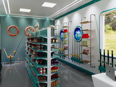 Green And White Specialty Store With Shelves Products Lifebuoy Decor And Window View 3d model