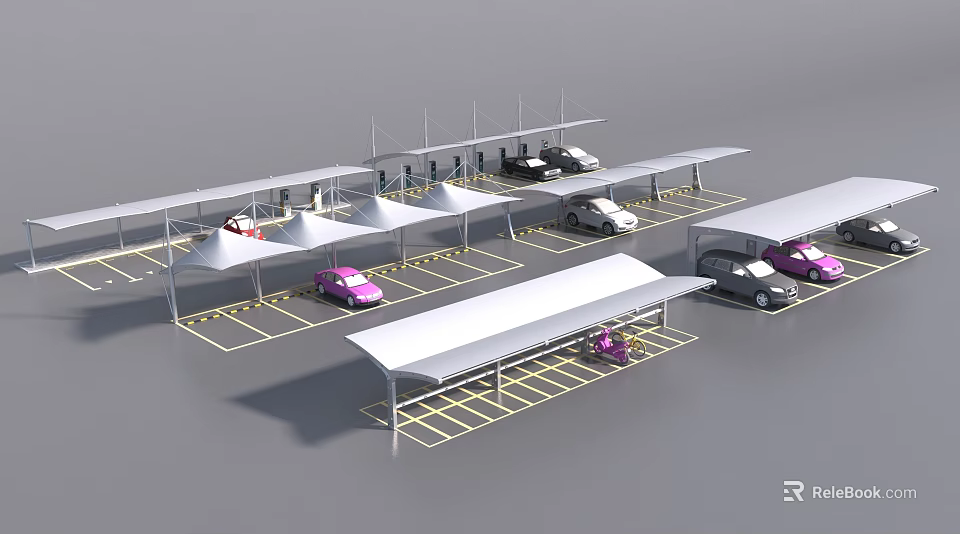 White Carport Structures Covering Parking Lot With Various Colored Vehicles 3d model