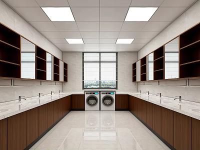 Bright Modern Laundry Room With Wooden Cabinets Sinks Washing Machines And Windows 3d model
