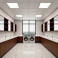 Bright Modern Laundry Room With Wooden Cabinets Sinks Washing Machines And Windows