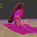 Blonde Girl In Red Top On Pink White Striped Blanket With Pink Surfboard At Beach