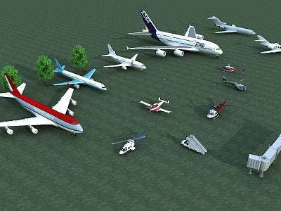 Various Colored Passenger Planes Parked On Green Grass Field With Trees And Helicopters 3d model