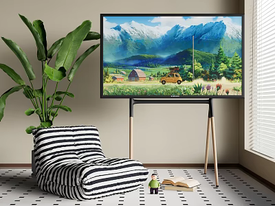 TV On Stand In Living Room With Plant And Striped Chair 3d model