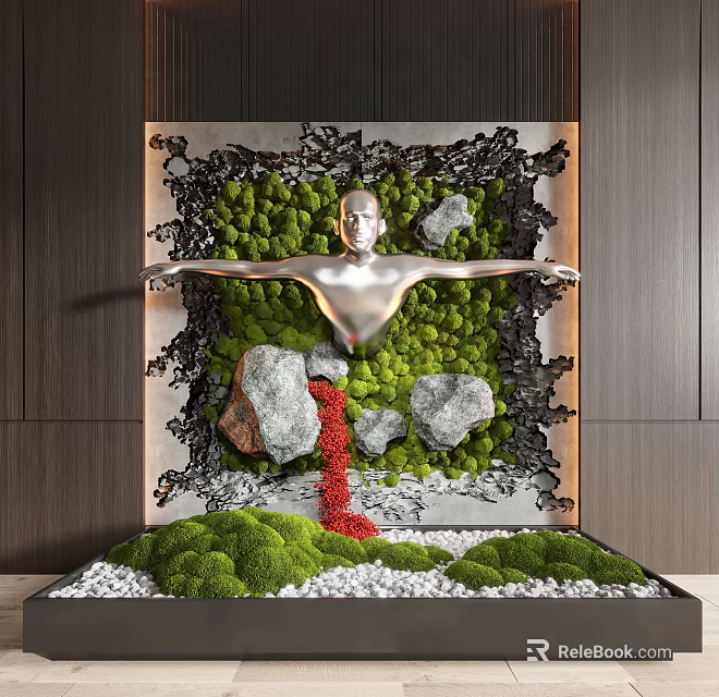 Silver Human Sculpture Indoor Landscape With Moss Wall Stones Red Stream And White Pebbles 3d model 