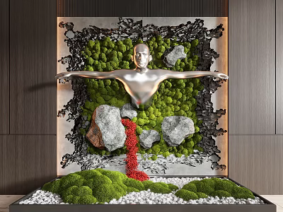 Silver Human Sculpture Indoor Landscape With Moss Wall Stones Red Stream And White Pebbles 3d model