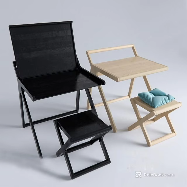 Modern Folding Leisure Chairs With Black Frame And Wooden Structure And Blue Cushion 3d model 