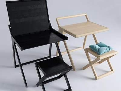 Modern Folding Leisure Chairs With Black Frame And Wooden Structure And Blue Cushion 3d model