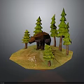 Brown Bear Standing Among Green Pine Trees in a Natural Forest Grassland Setting