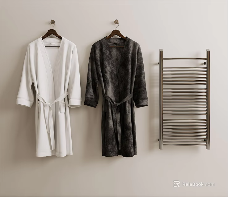 Cozy Bathrobes White And Dark Gray Hanging On Wall Hooks With Metal Towel Rack 3d model 