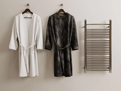 Cozy Bathrobes White And Dark Gray Hanging On Wall Hooks With Metal Towel Rack 3d model