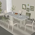 Modern Dining Table Set with Green Beige Chairs Fruit Bowl Vase Wall Art and Plant