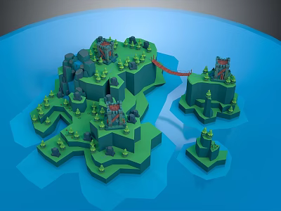 3D Fantasy Island Landscape With Green Hills Castles Trees And Red Bridge Over Blue Water 3d model