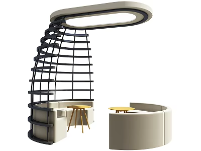 Curved Light Sofa and Coffee Table Set with Small Yellow Tables and Spiral Black Frame 3d model