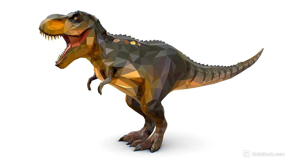 Low Poly Style Reptile T Rex With Open Mouth Sharp Teeth Brown Yellow Geometric Shapes 3d model 