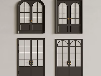 Black Doors With Glass Panes Arched And Rectangular Window Designs And Golden Handles 3d model