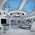 Futuristic Sleek Control Room With Blue Illuminated Panels And Workstations