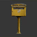 Yellow Metal Mailbox On A Sturdy Post With Small Stickers And Lid