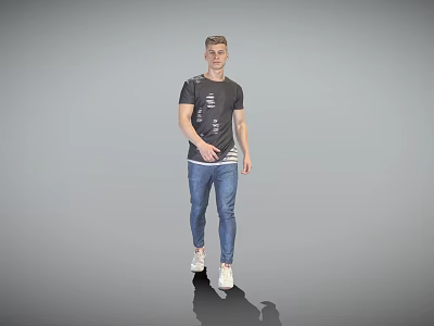 Man Wearing Dark T Shirt With Pattern Blue Jeans White Sneakers Standing In Grey Background 3d model