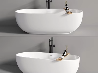 White Freestanding Bathtub With Black Faucet Wooden Tray And Bath Products 3d model