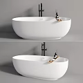 White Freestanding Bathtub With Black Faucet Wooden Tray And Bath Products