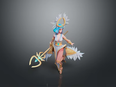 Elegant Woman With Blue Hair Ornamental Headdress Feather Decorations And Staff 3d model