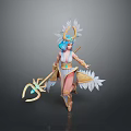 Elegant Woman With Blue Hair Ornamental Headdress Feather Decorations And Staff