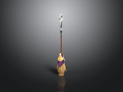 Fantasy Magical Broom Weapon Featuring Wooden Handle Metal Top Purple Accent and Yellow Bristles 3d model