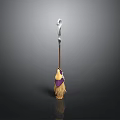 Fantasy Magical Broom Weapon Featuring Wooden Handle Metal Top Purple Accent and Yellow Bristles