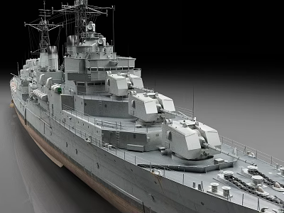 Grey Warship With Turrets And Naval Equipment 3d model