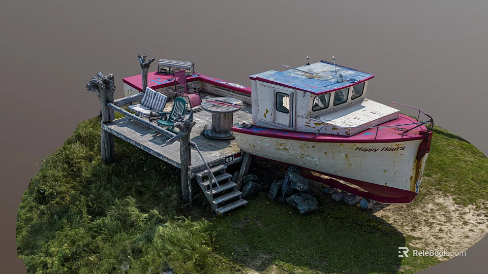 Vintage Red and White Boat Moored at Wooden Dock with Green Grass and Chairs 3d model 
