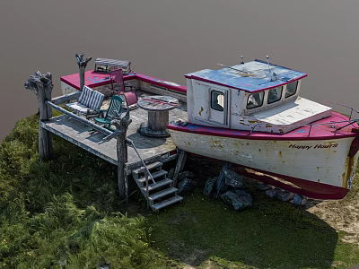 Vintage Red and White Boat Moored at Wooden Dock with Green Grass and Chairs 3d model