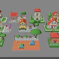 Miniature Cartoon Style Small Houses with Various Colored Roofs Green Trees Cars and Benches