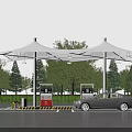 Gas Station Scene with White Canopy Fuel Pumps Car and Trees Under Blue Sky