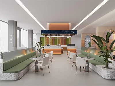 Modern Casual Lounge Interior With Green Benches White Chairs Round Tables And Large Plants 3d model