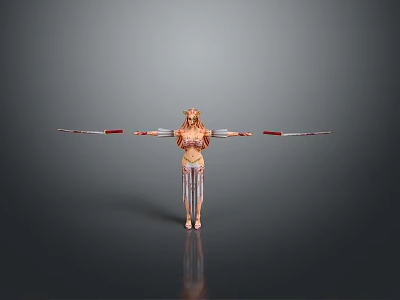 Female Character In Ornamental Outfit With Long Hair Holding Dual Swords Against Gray Background 3d model