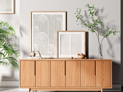 Minimalist Wooden Entryway Console Cabinet With Framed Artworks Vase And Potted Plant 3d model