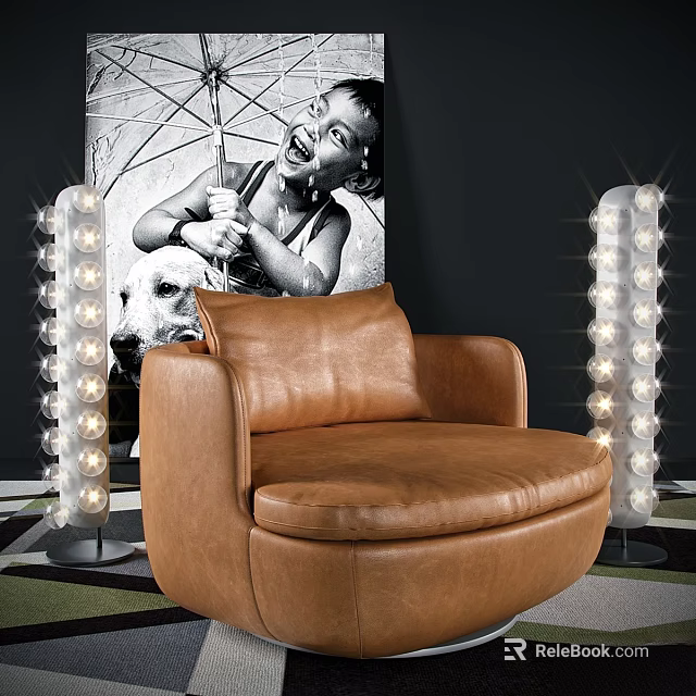 Brown Leather Lounge Chair With Decorative Floor Lamps And Black White Art In Modern Room 3d model 