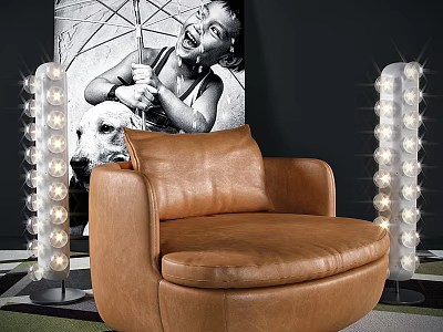 Brown Leather Lounge Chair With Decorative Floor Lamps And Black White Art In Modern Room 3d model